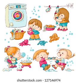 Vector set - little girls and boys wash clothes
