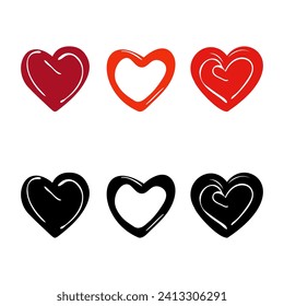 Vector set of little hearts in a simple style, doodle, shades of red and black, of different shapes. Background elements, banner, postcard sketches, icons, manifestation of love, care, health