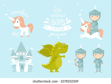 vector set of little knight. knight on horseback, dragon, castle, little prince, cartoon prince, cartoon knight, little boy
