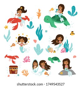 Vector set of little mermaid, fish, seaweeds and coral reef. Kawaii cartoon African American mermaids.