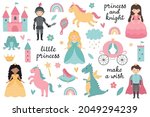 Vector set of little princesses, prince, knight, dragon, unicorn, carriage, castle, frog, crown, shoe, mirror, rainbow, cloud, magic wand. Childish design for birthday invitation, poster, clothes.