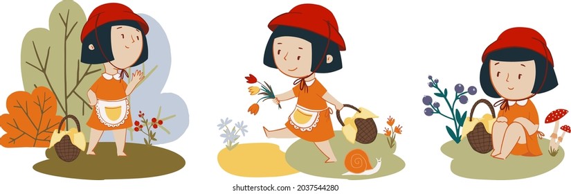 Vector set of little red riding hood girl characters