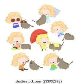 Vector Set with Litttle Girl and Funny Cat