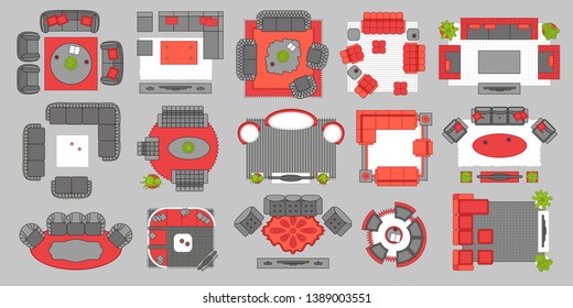 Vector set. Living rooms for floor plan. Top view.