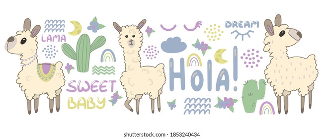 Vector set of llama in cartoon scandinavian style. Suitable for children's clothing, interior design, packaging, printing, stickers