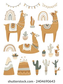 Vector set of llamas, cactus collection, mountains, rainbows, decorative elements in boho style. Great for children's design, textiles, clothing.