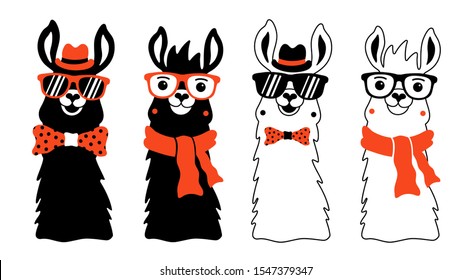 Vector set with llamas in sunglasses, red scarf, bow and hat. Trendy fashion apparel print design, cute home decoration poster