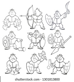 Vector Set llustration of a Soldier Mongol Cartoon Character for you Design and Computer Game. Coloring Book