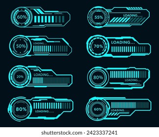 Vector set loading bar progress frame hud futuristic design element.