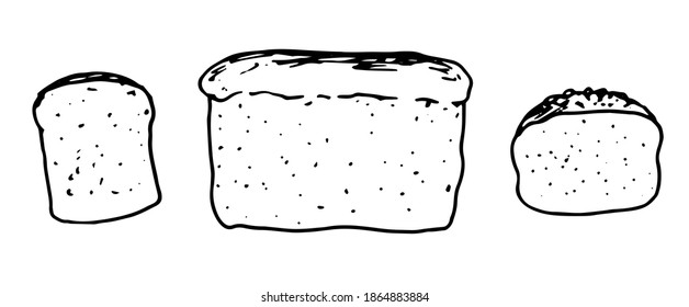 Vector set of a loaf of bread, a side view and a slice of bread with a black line. A simple Doodle-style illustration of food and cooking is hand-drawn with a black outline on a white background