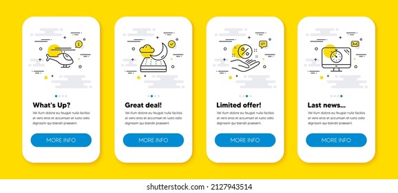 Vector set of Loan percent, Night mattress and Helicopter line icons set. UI phone app screens with line icons. Seo timer icon. Discount hand, Sleeping pad, Copter. Analytics. Phone UI banners. Vector