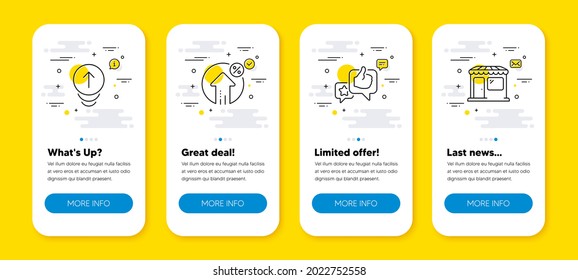 Vector set of Loan percent, Swipe up and Like line icons set. UI phone app screens with line icons. Market icon. Growth rate, Scrolling page, Star rating. Store. Phone UI banners. Vector