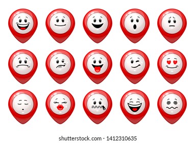 Vector set of location icons. Collection of red gps markers with different facial emotions in cartoon style