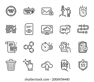Vector set of Locked app, Cloud upload and Launch project line icons set. Fast delivery, Secure mail and 24h service icons. Cloud storage, Trash bin and View document signs. Vector