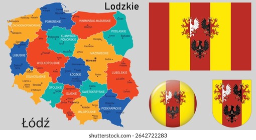 Vector set of Lodzkie Region: flag, coat of arms, map. Detailed illustration of Polish voivodeship for educational, editorial, patriotic, and heritage design projects.