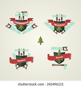 Vector set of logging crest emblems in flat cartoon infographic style
