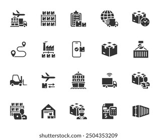 Vector set of logistics flat icons. Contains icons warehouse, cargo, forklift, inventory, warehouse worker, distribution, transportation, delivery, customs and more. Pixel perfect.