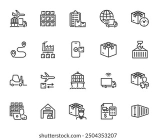 Vector conjunto de iconos de línea logística. Contiene iconos de almacén, carga, carretilla elevadora, inventario, trabajador de almacén, distribución, transporte, entrega, aduanas y más. Píxel perfecto.