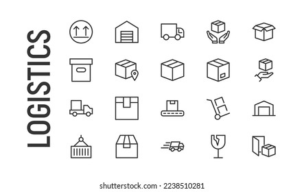 Vector set of logistics thin line icons. Design of 20 stroke pictograms. Signs of logistics isolated on a white background.