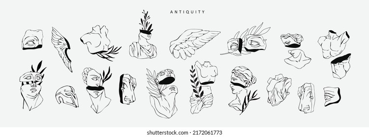 Vector set logo and antique sculptures  Vector illustration and classical Sculpture for card poster T  Shirt printing  Contemporary hand drawn mythical collection in line design style  Vector