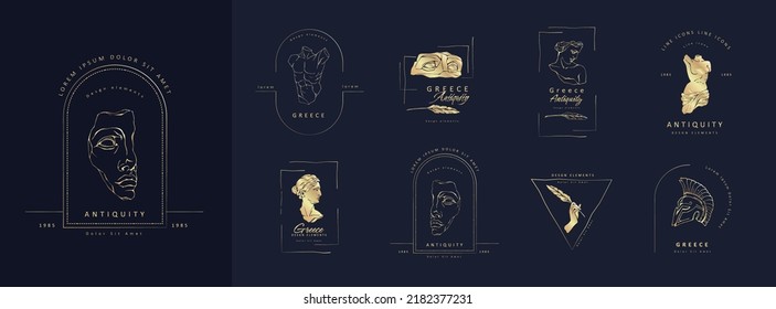 Vector set of logo with antique sculptures. Vector illustration with classical Sculpture for card poster T-Shirt or printing. Contemporary hand drawn mythical collection in line design style. Vector i