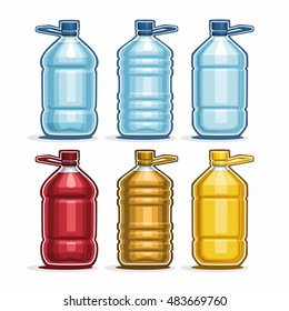 Vector Set logo blue big Plastic Bottle with cap for water, collection of 6 full colorful yellow and red gallon container bottle with handle for cooking oil, chemical liquid isolated bottles on white.