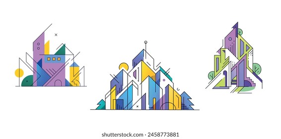 Vector set of logo buildings, real estate logos, city architecture compositions. Property concept, skyline construction illustrations. Line cityscapes, urban logotypes