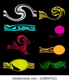 Vector set of logo colorful vibrant abstraction of a spiral wave and ram out of lines on a black background isolate