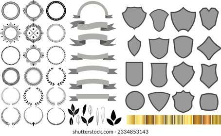 Vector set for logo design. Contains laurels with different leaves and feathers. various shields Label for ribbon shape text, golden tone gradation