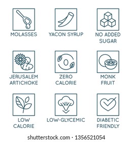 Vector set of logo design elements, badges and icons - alternative sweeteners. Natural substitutes for added sugar for healthy and organic products - molasses, jerusalem artichoke, diabetic friendly