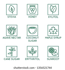 Vector set of logo design elements, badges and icons - alternative sweeteners. Natural substitutes for added sugar for healthy and organic products - stevia, honey, xylitol, coconut cane sugar,sunroot