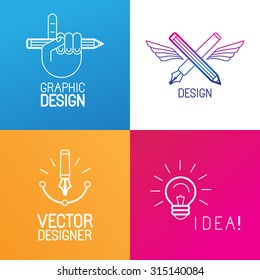 Vector set of logo design elements and templates in trendy linear style - graphic designer occupation emblems, creative process and freelance signs