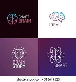 Vector Set Of Logo Design Elements And Abstract Concepts In Trendy Linear Style Related To Brainstorming, Idea Generating, Personal Growth And Mental Control - Mono Line Icons And Signs