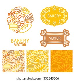 Vector set of logo design elements with icons in trendy linear icons and seamless patterns - abstract emblem for bakery, coffee shop, confectionery or sweet-shop - fresh and tasty food