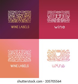 Vector set of logo design elements and signs for wine - packaging design and icons - badges for label in trendy linear style 