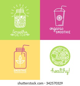 Vector Set Of Logo Design Elements In Trendy Linear Style - Detox Smoothie, Organic Juice And Healthy Food