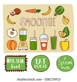 Vector set of logo design elements in trendy minimal style -  smoothie, organic food, eat loca and seasonal fruits.l