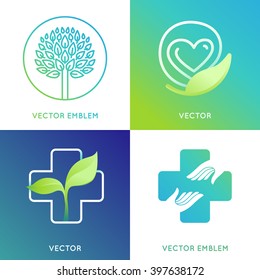 Vector set of logo design template in bright gradient colors - health and ecology concepts - save life and care icons and emblems