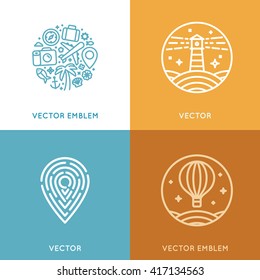 Vector set of logo design template in trendy linear style with icons and emblems - travel agency emblem and tour guide concepts 