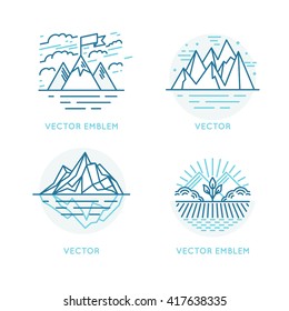 Conjunto vectorial de diseño de logotipo en estilo lineal de moda - ilustraciones paisajísticas con montañas, acantilados y iceberg - distintivos de viaje e impresiones