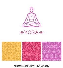 Vector set of logo design template in trendy linear style and seamless patterns - emblem for yoga class, holistic healing centers, meditation practice courses