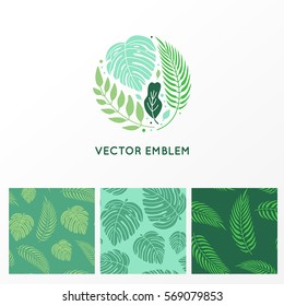 Vector set of logo design template and seamless patterns made with green palm trees - abstract sign with tropical leaves