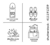 Vector set of logo design templates, for shoeshine service. Man shoes, shoe care equipment, shoe shine machine. Outline icon for shoe care in trendy linear style.