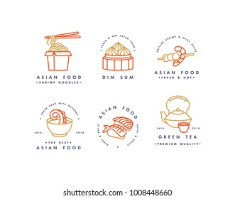 Vector set of logo design templates and emblems or badges. Asian food - noodles, dim sum, soup, sushi. Linear logos