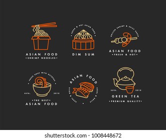 Vector set of logo design templates and emblems or badges. Asian food - noodles, dim sum, soup, sushi. Linear logos, golden and red