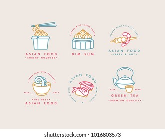 Vector set of logo design templates and emblems or badges. Asian food - noodles, dim sum, soup, sushi. Linear logos