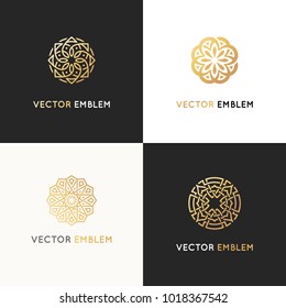 Conjunto vectorial de plantillas de diseño de logotipos - símbolos abstractos de estilo árabe ornamental - emblemas para productos de lujo, hoteles, boutiques, joyas, cosméticos orientales, restaurantes, tiendas y tiendas 