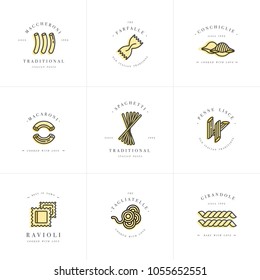 Vector set of logo design templates and emblems or badges. Italian pasta - noodle, macaroni. Linear logos