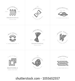 Vector set of logo design templates and emblems or badges. Italian pasta - noodle, macaroni. Linear logos