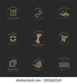 Vector set of logo design templates and emblems or badges. Italian pasta - noodle, macaroni. Linear logos. Golden color